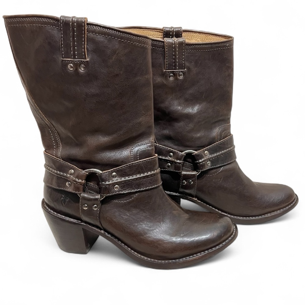 Frye Carmen Harness Distressed Brown Leather Short Moto Boots - Women's Size 11